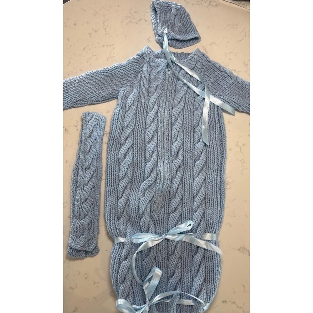 Handknit Baby‎ Sweater Sack Cable Knit Zipper Ribbon Matching Bonnet Boy Blue
